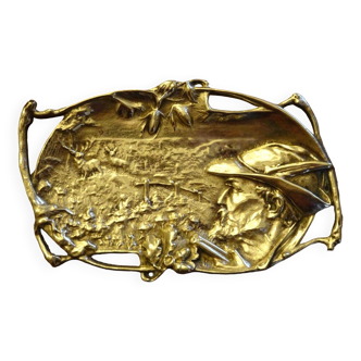 Ancien vide poche coupelle bronze à décor de chasse chasseur cerf 19 x 11,5 cm