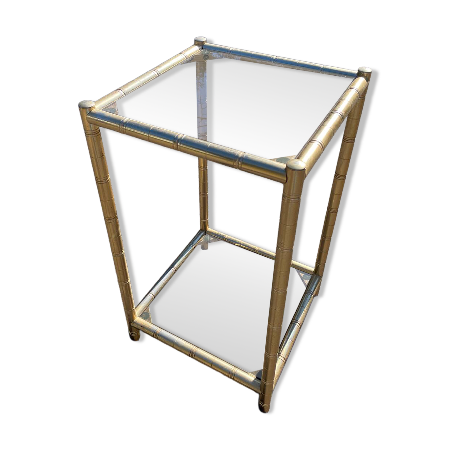 Square faux bamboo pedestal table in gold-plated brass and glass