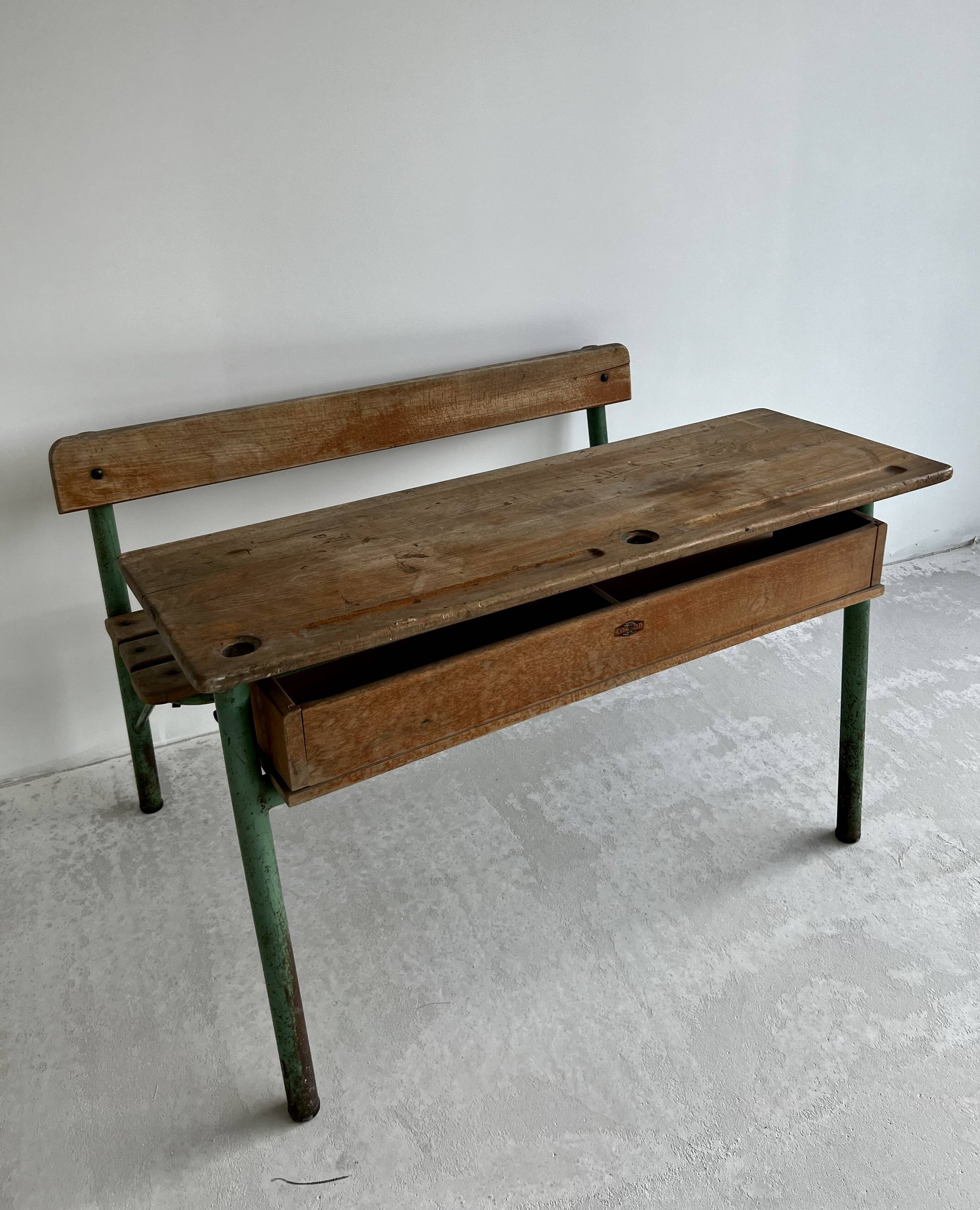 Ancien pupitre d’école double vintage Colman Thonon 1950-1960