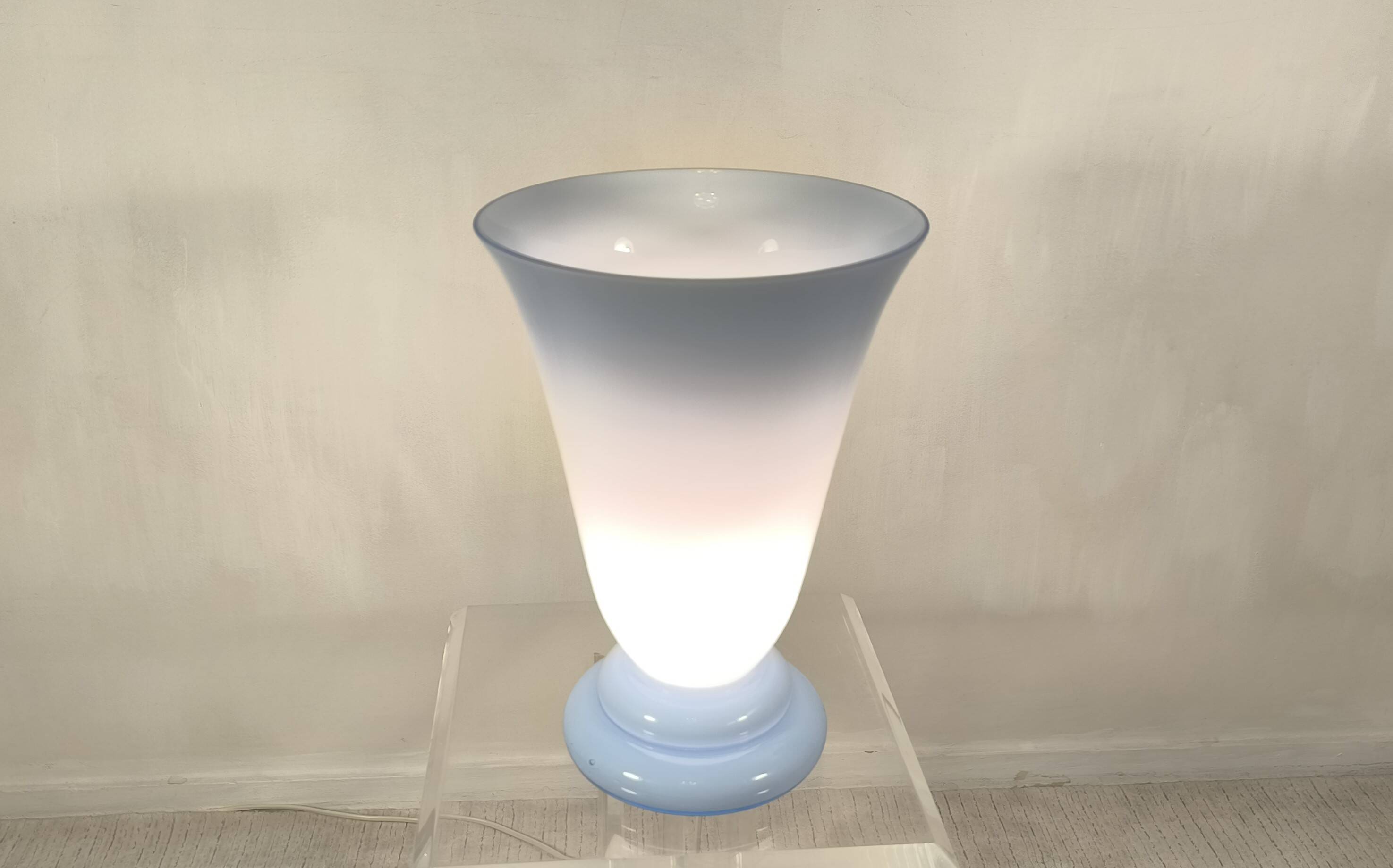 Magnificent large vintage lamp in opaline blue Bohemian glass — signed