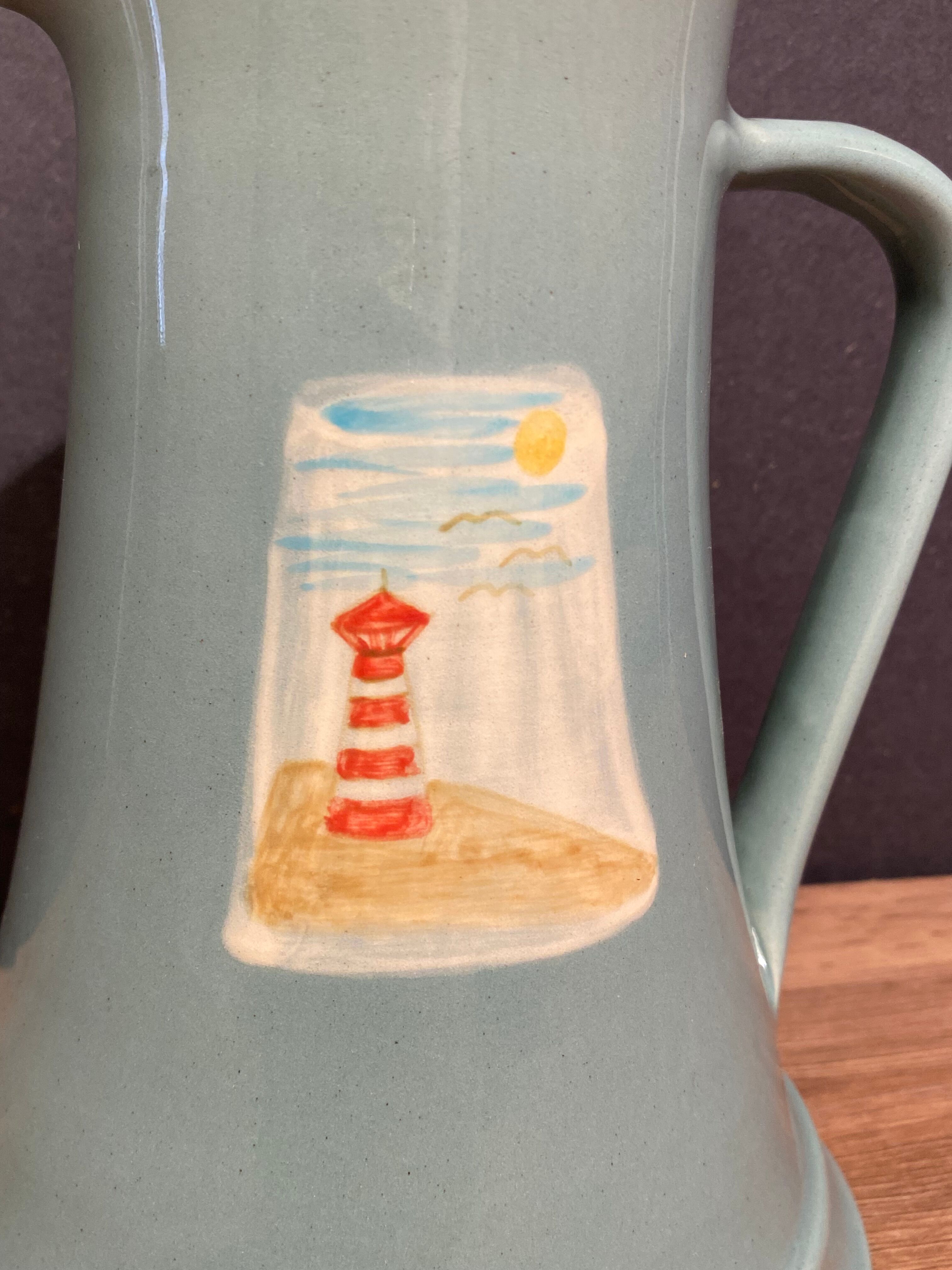 Pitcher, earthenware pitcher with headlight decoration signed Gabriella Railler