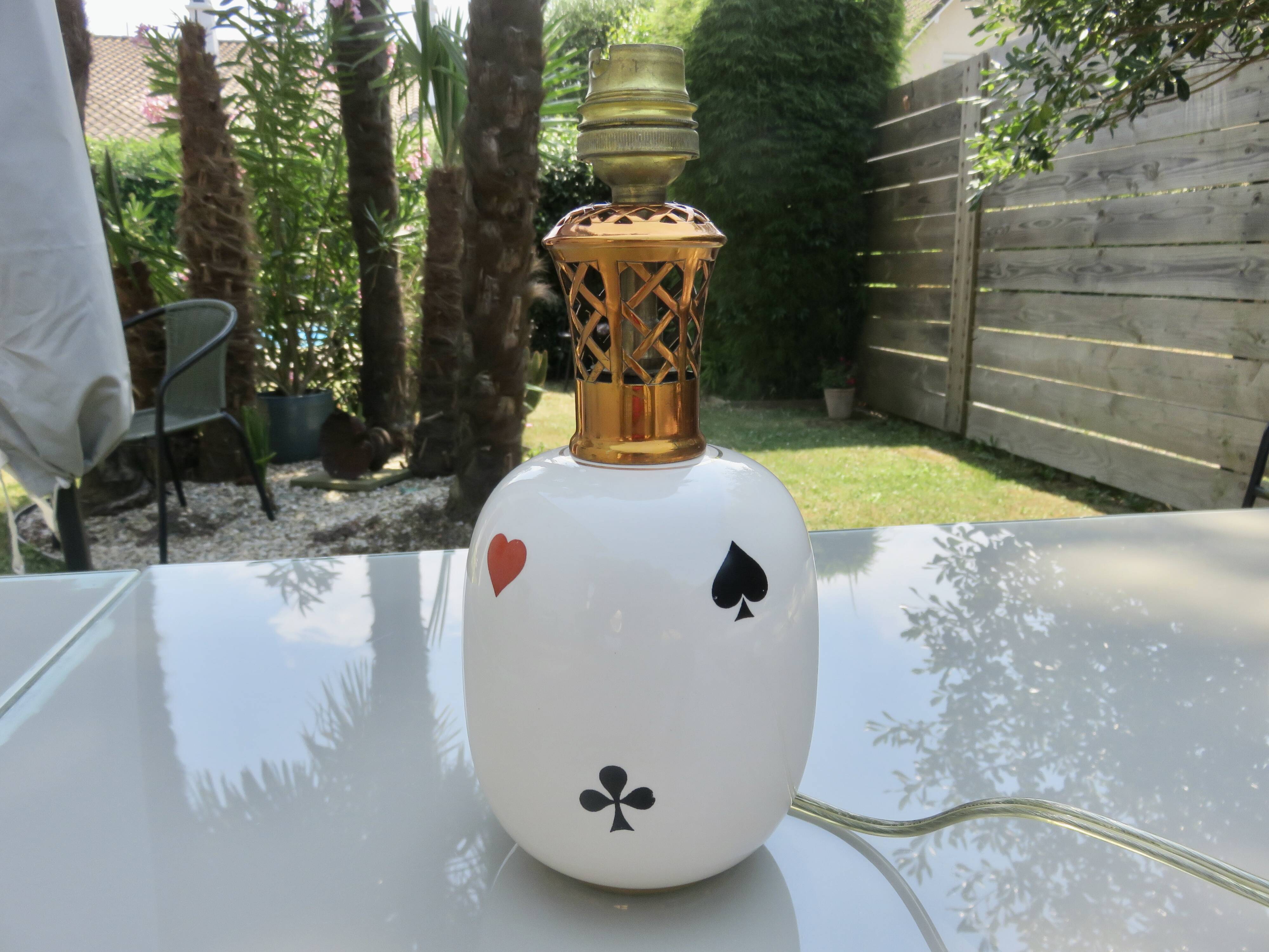 Porcelain lamp Rivière Letort, Saint Méen Le Grand "playing cards"