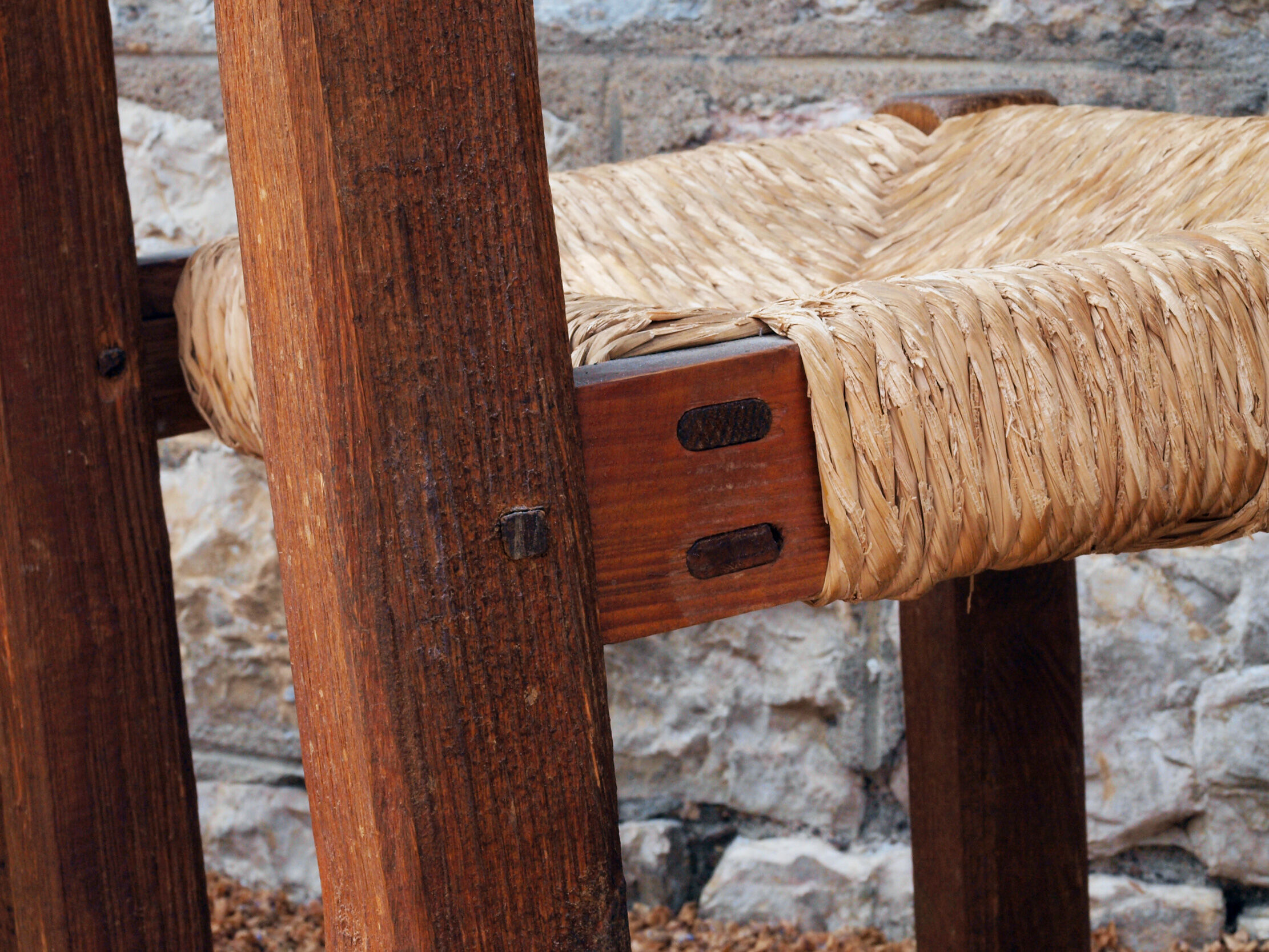 Brutalist chairs in pine and straw, France, 1950s, set of 4