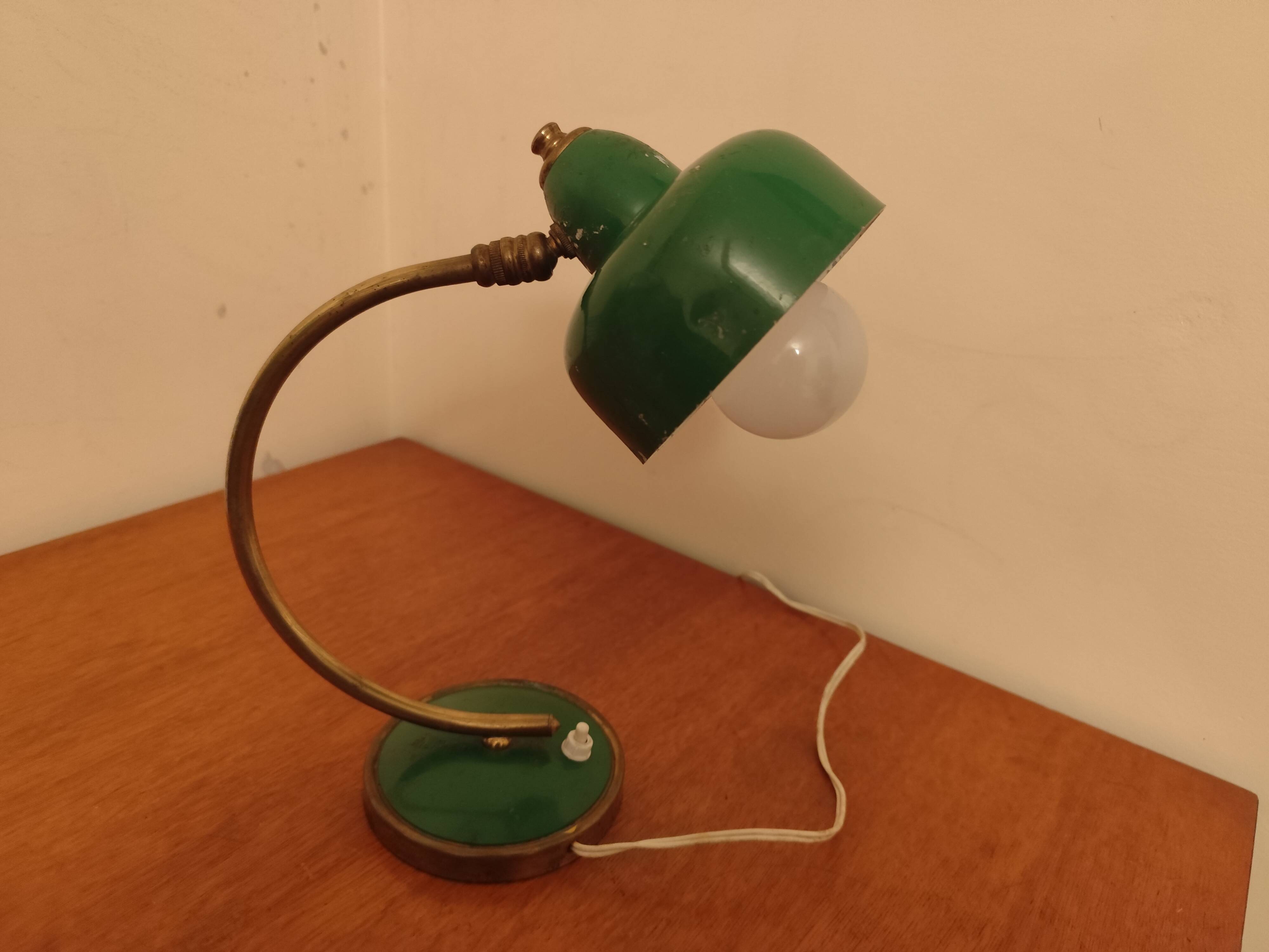 Vintage Scandinavian Art Deco desk lamp from the 40s, golden brass, retro, moon shape, swan neck