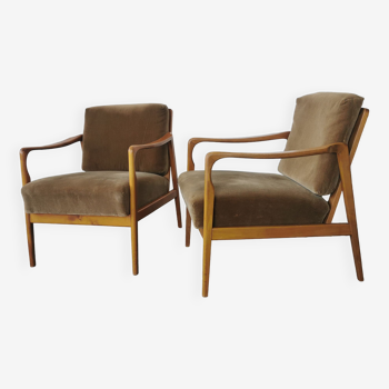 Pair of vintage wood and velvet armchairs