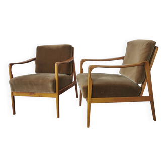Pair of vintage wood and velvet armchairs