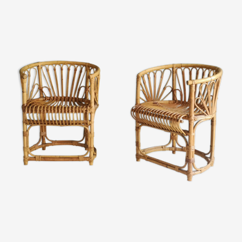 Pair of armchairs in rattan 50s