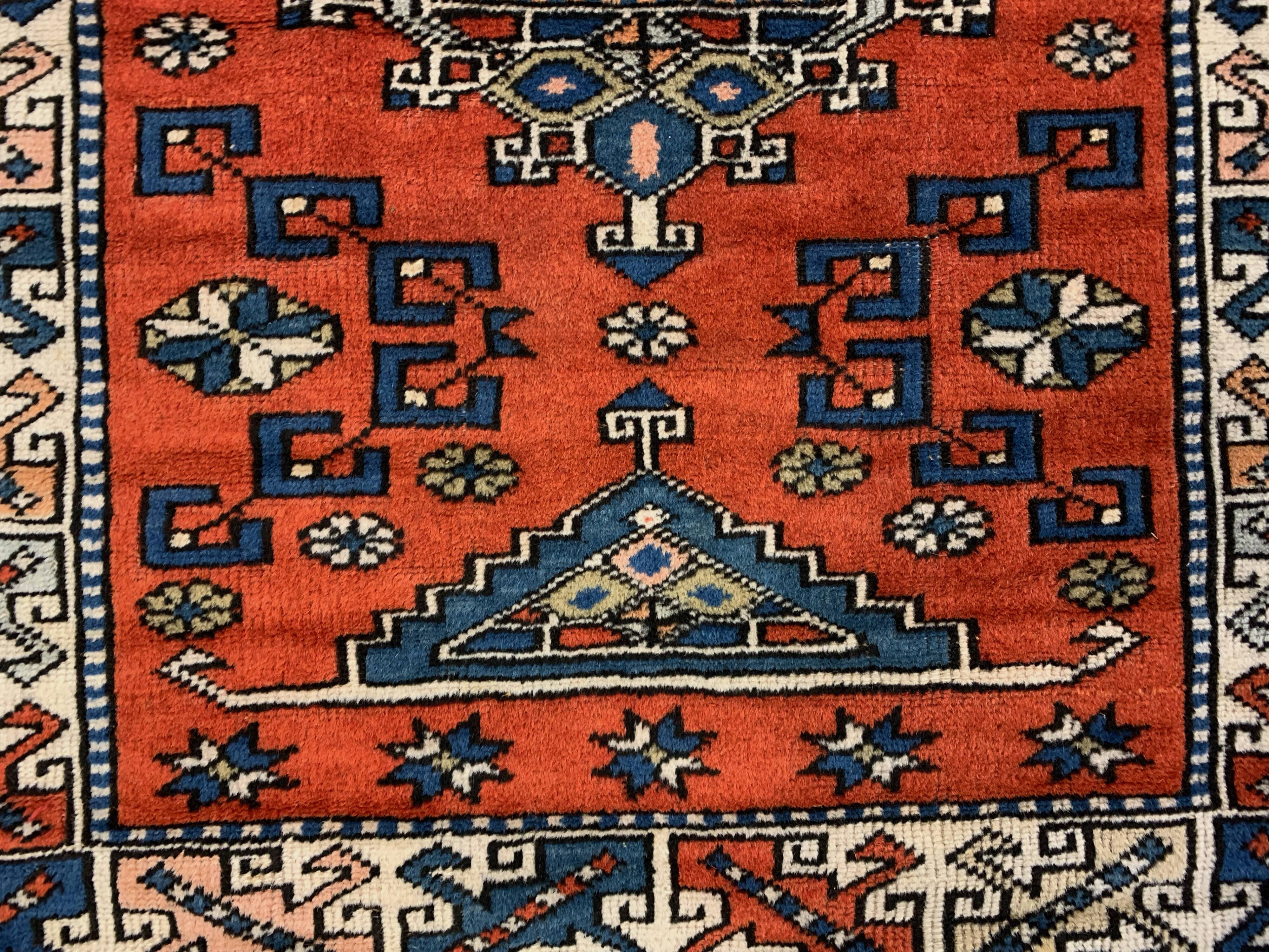 Old Turkish Kazak Rug Oriental 132x95 cm vintage tribal carpet, Red and Blue