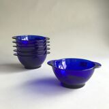 Six blue Duralex ear bowls