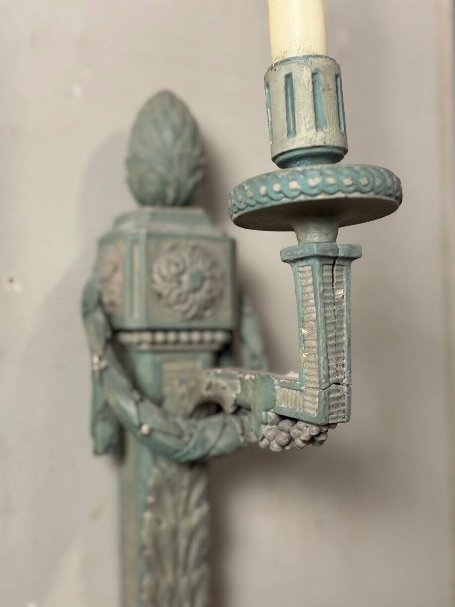 Pair of Louis XVI Style Wall Lights in Carved and Painted Wood, Circa 1900