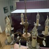 Lustre ancien 6 branches en bronze avec pampilles en cristal