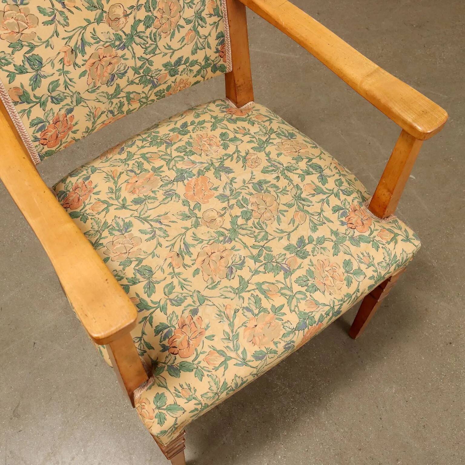 Pair of vintage armchairs from the 1950s in wood and fabric, Italy.