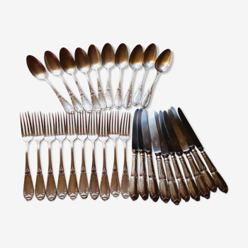 Housewife of 10 knives, 10 spoons and 10 forks in silver metal 1960.