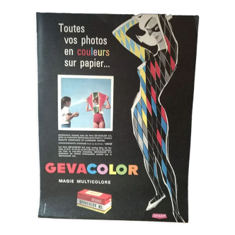 Publicité papier pellicule photo Gevacolor  illustration femme Arlequin  issue revue d'époque