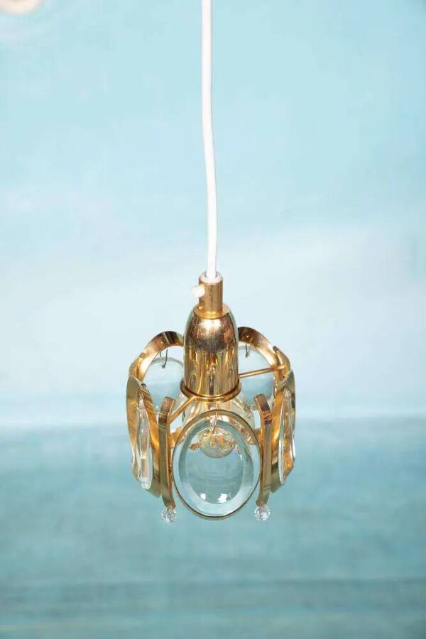 Vintage suspension en laiton et cristal Palwa, suspension mid-century