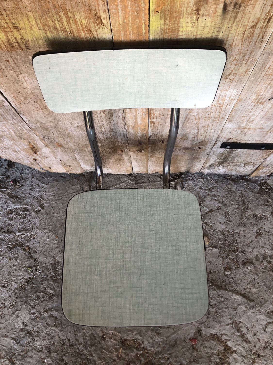 Chaise cuisine en formica vert avec pied metal années 70 vintage #a035