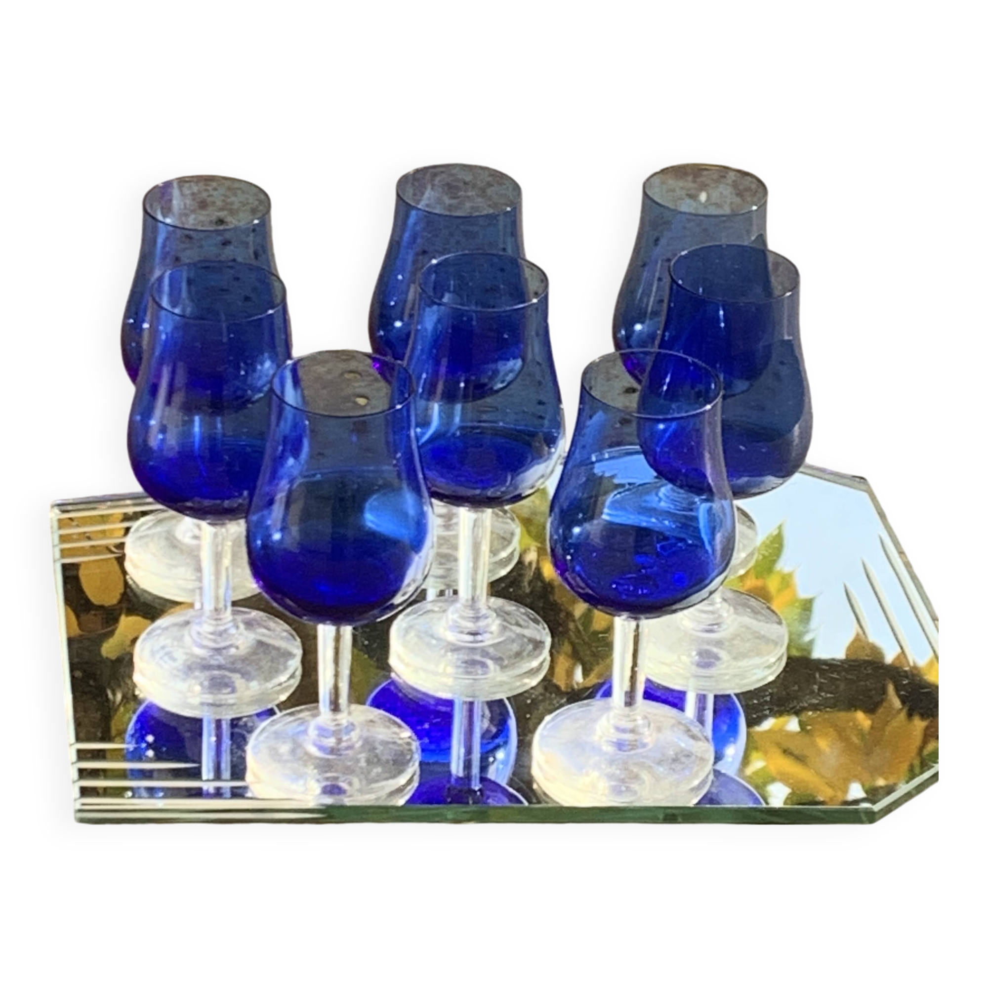 8 vintage cobalt blue glass port or aperitif glasses with transparent base