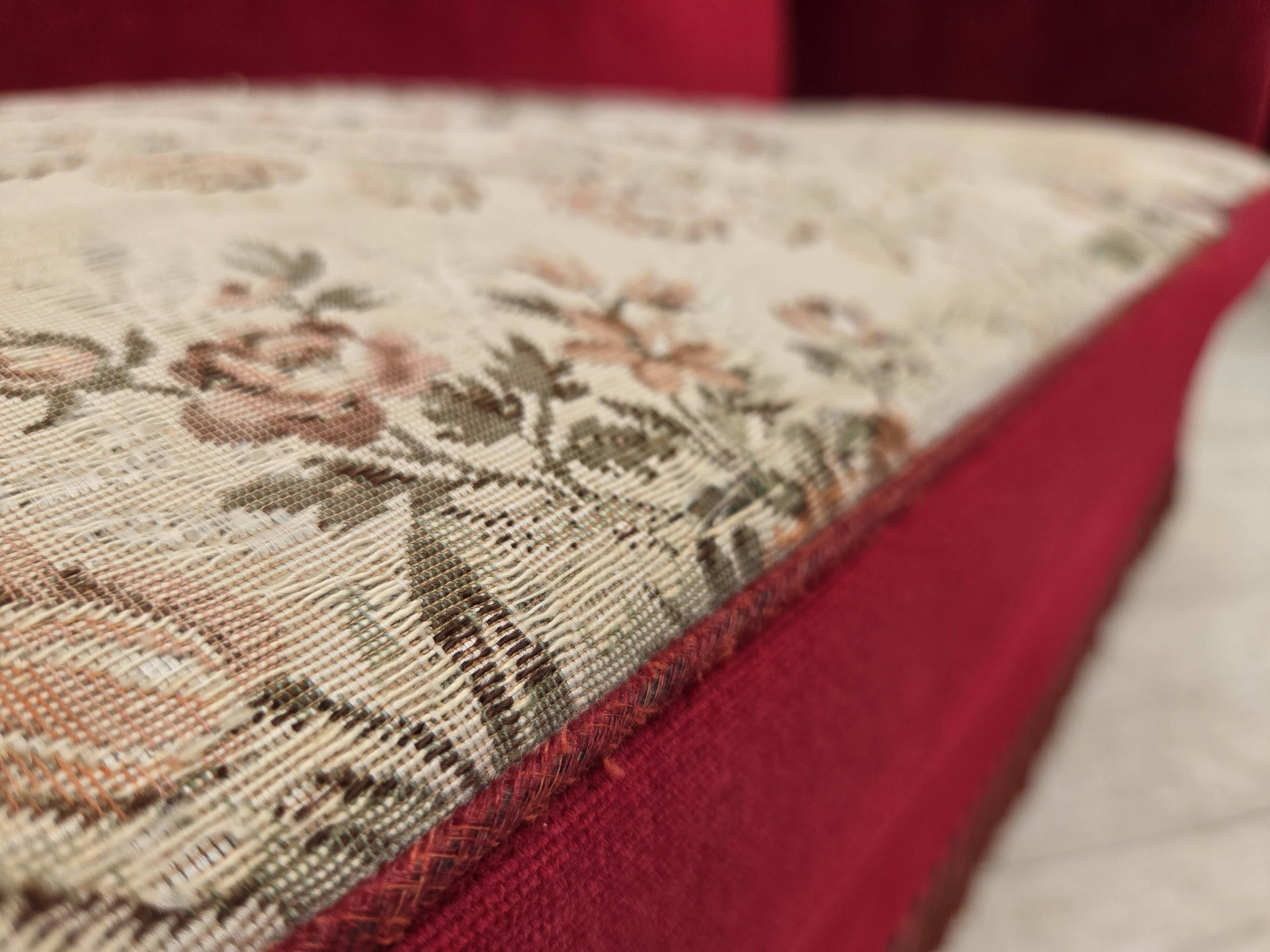 1970s, Danish 3-seater drop arm "Spanish" sofa, red furniture velour.