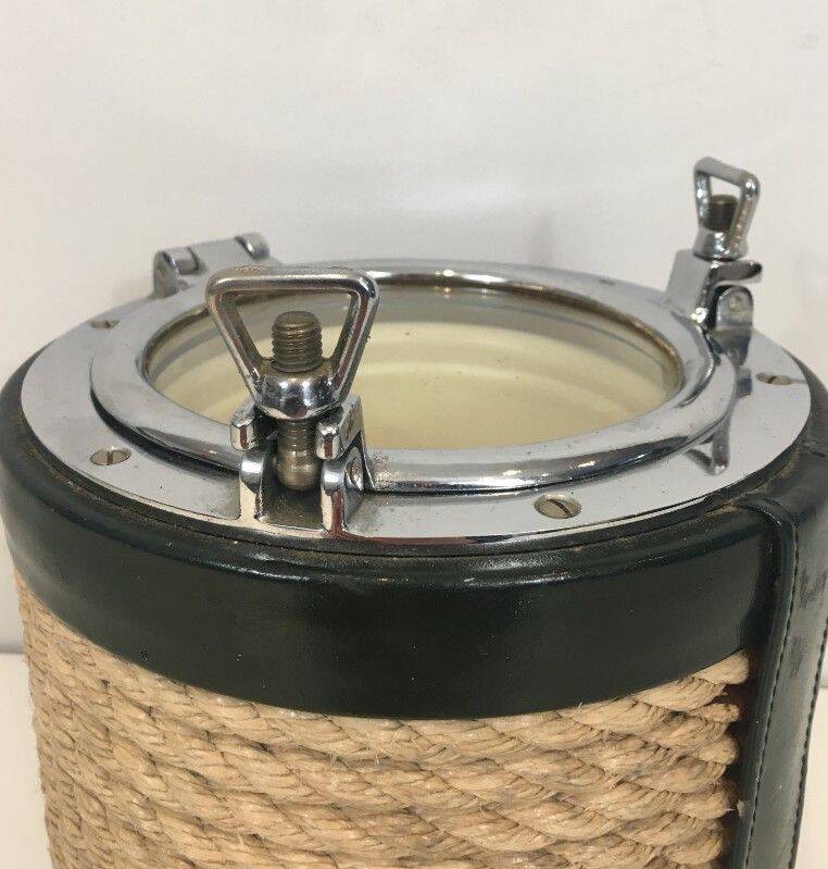 Ice bucket in leather, rope, and chrome. In the style of Jacques Adnet