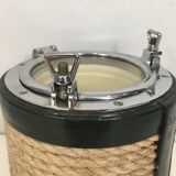 Ice bucket in leather, rope, and chrome. In the style of Jacques Adnet