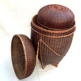 Set of four wicker baskets, rattan nesting ethnic style