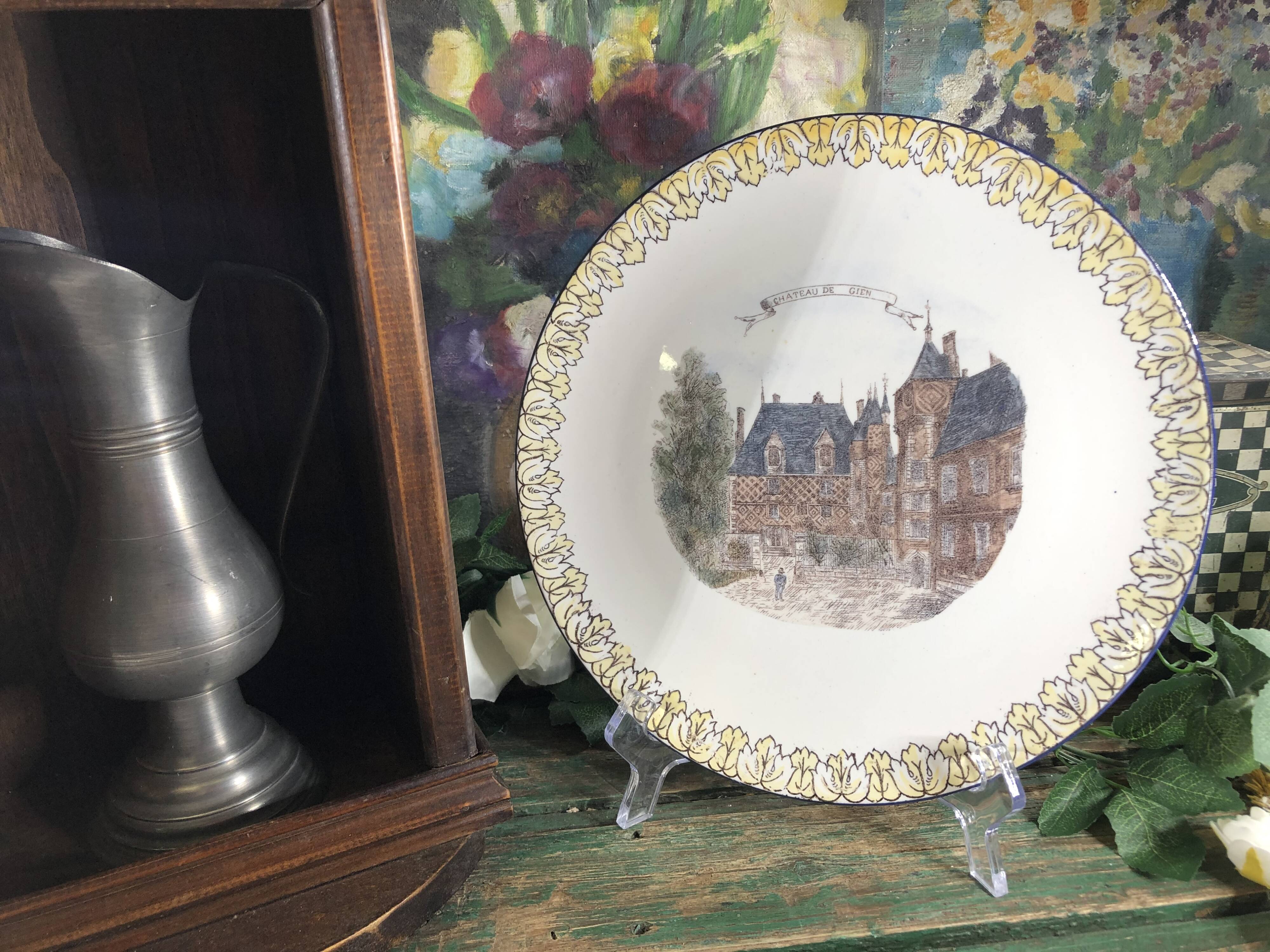 Gien earthenware cake presentation dish with castle decor