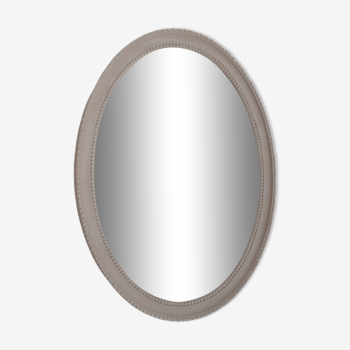 Light grey patinated oval mirror, vintage French, 43 cm x 30.5 cm