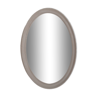 Light grey patinated oval mirror, vintage French, 43 cm x 30.5 cm