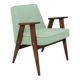 Pastel pistachio wool fabric Scandinavian armchair, oak wood.