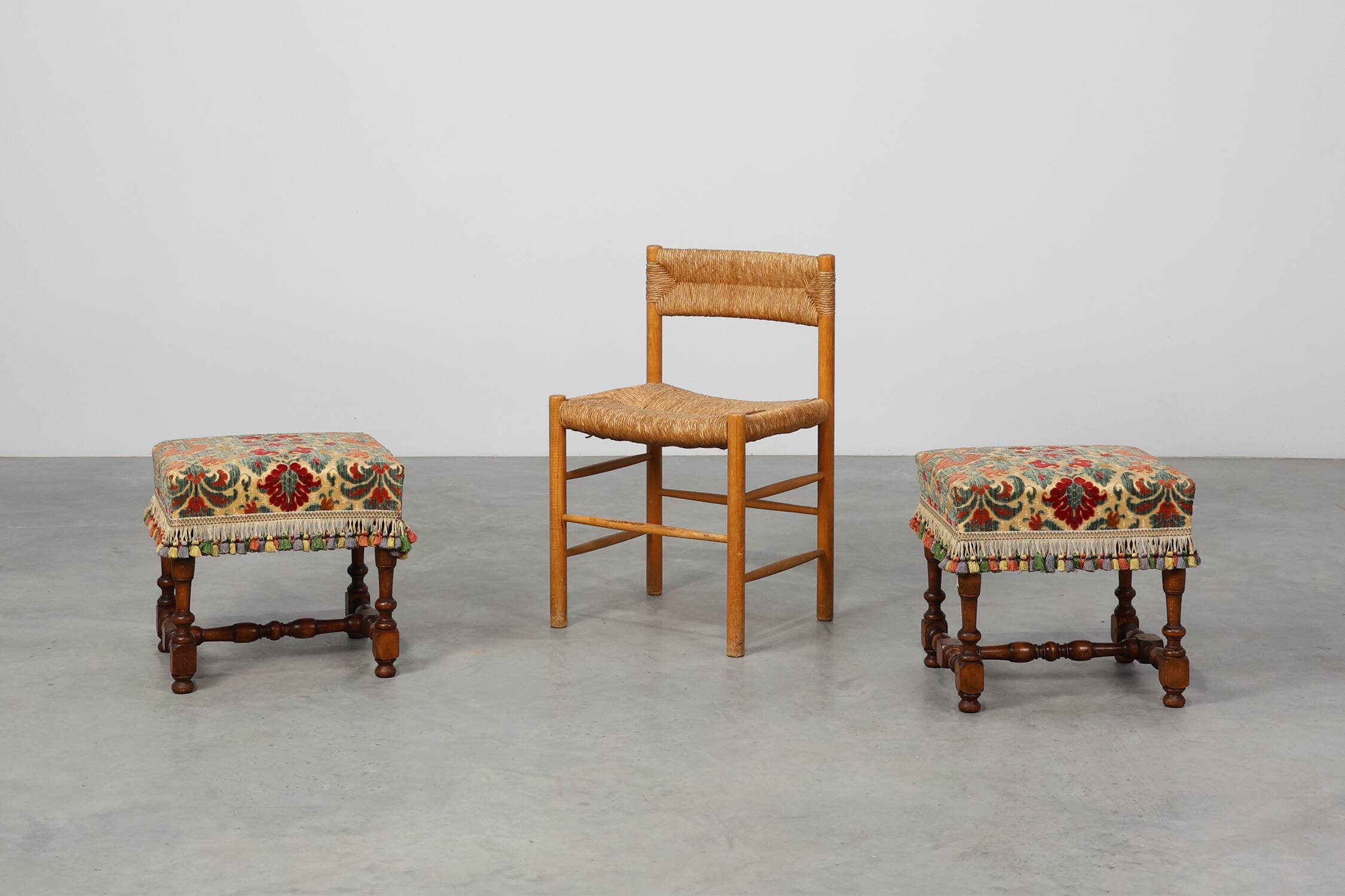 Early 20th Century Pair of Wood & Fabric French Footstools