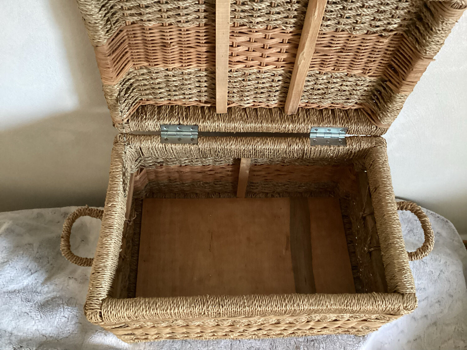 Coffre rotin et corde rafia structure bois - vintage