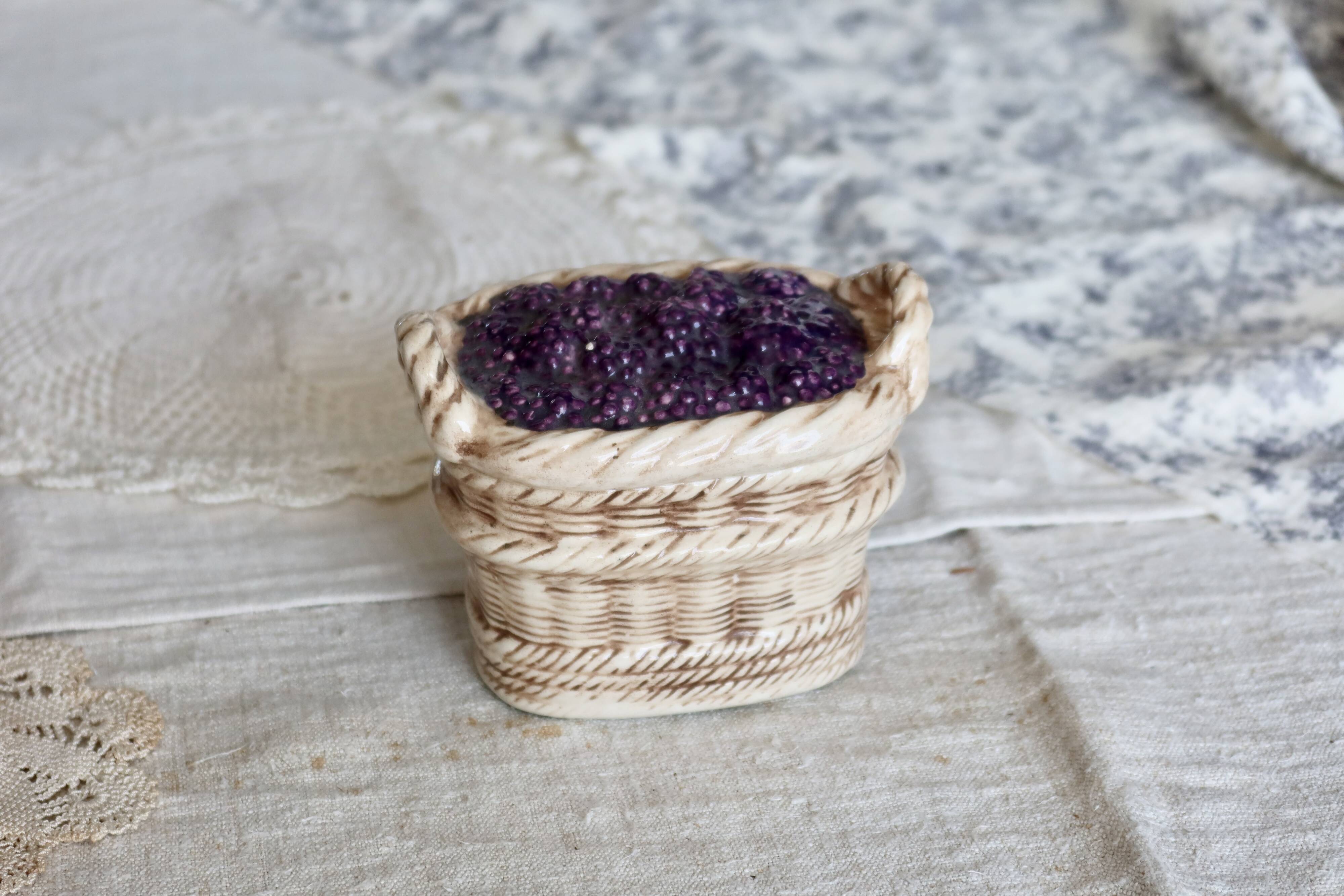 Vintage sugar bowl / candy dish with blackberry basket in slip