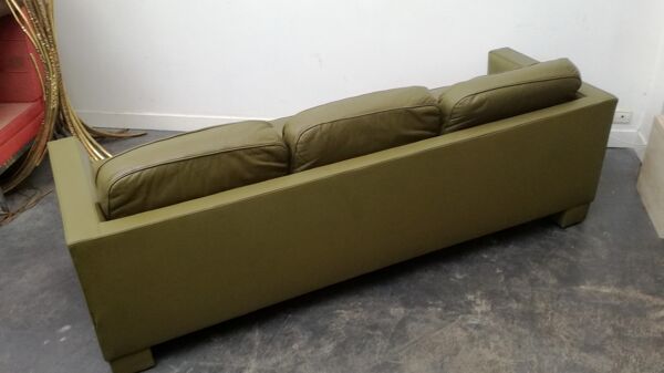 Canapé Jansen cuir vert olive France 1970