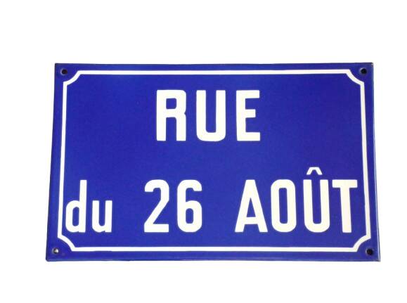 August 26 street sign in enameled sheet metal