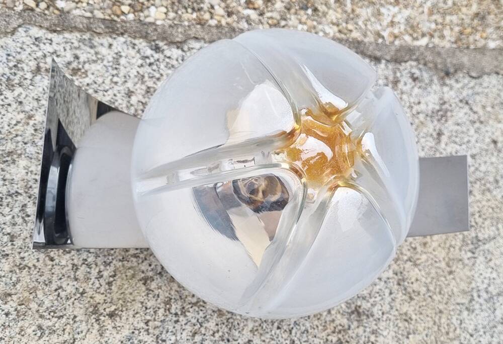 Pair of steel and opaline wall lights, Vittorio Mazzega design, vintage, 70s