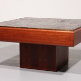 Table basse brutaliste en bois et cuivre, 1970
