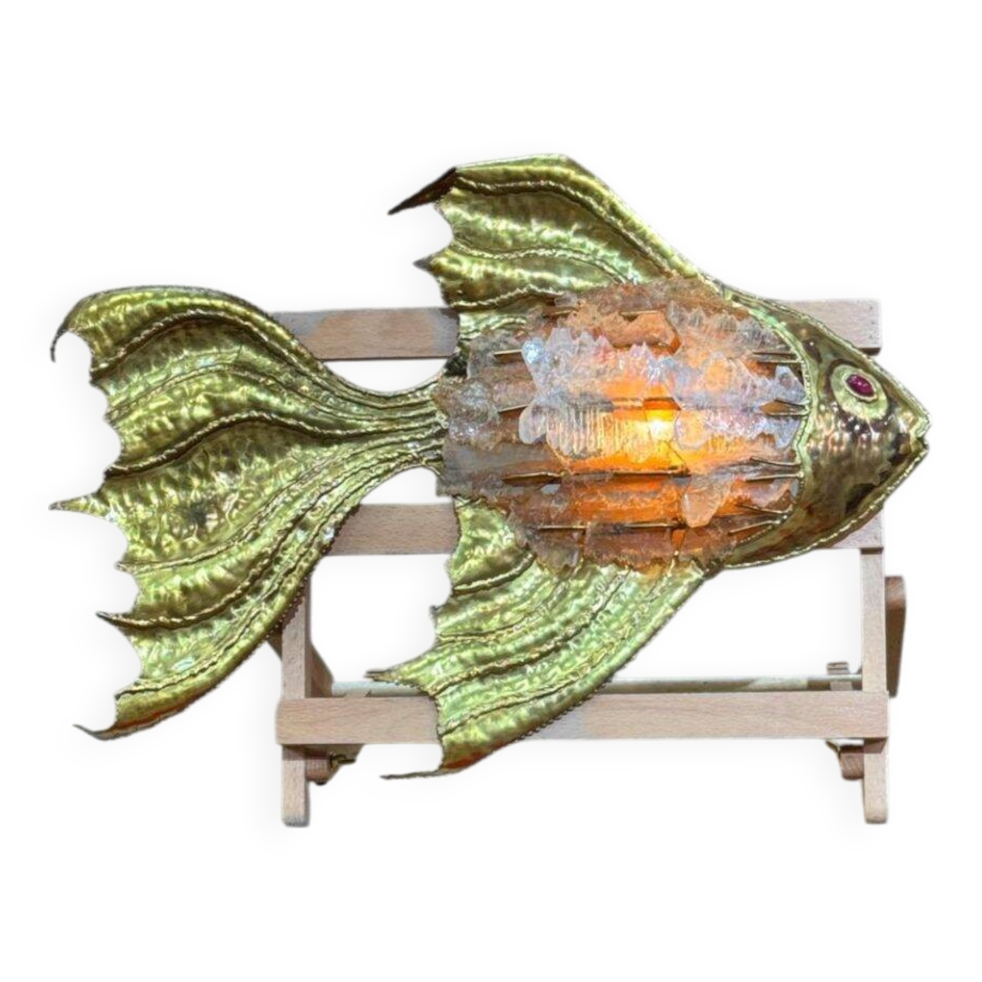 Vintage brass and stone fish-shaped wall light, 1970s