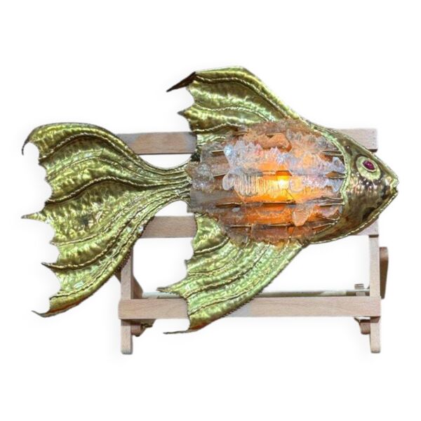 Applique murale vintage en laiton et pierres en forme de poisson, 1970