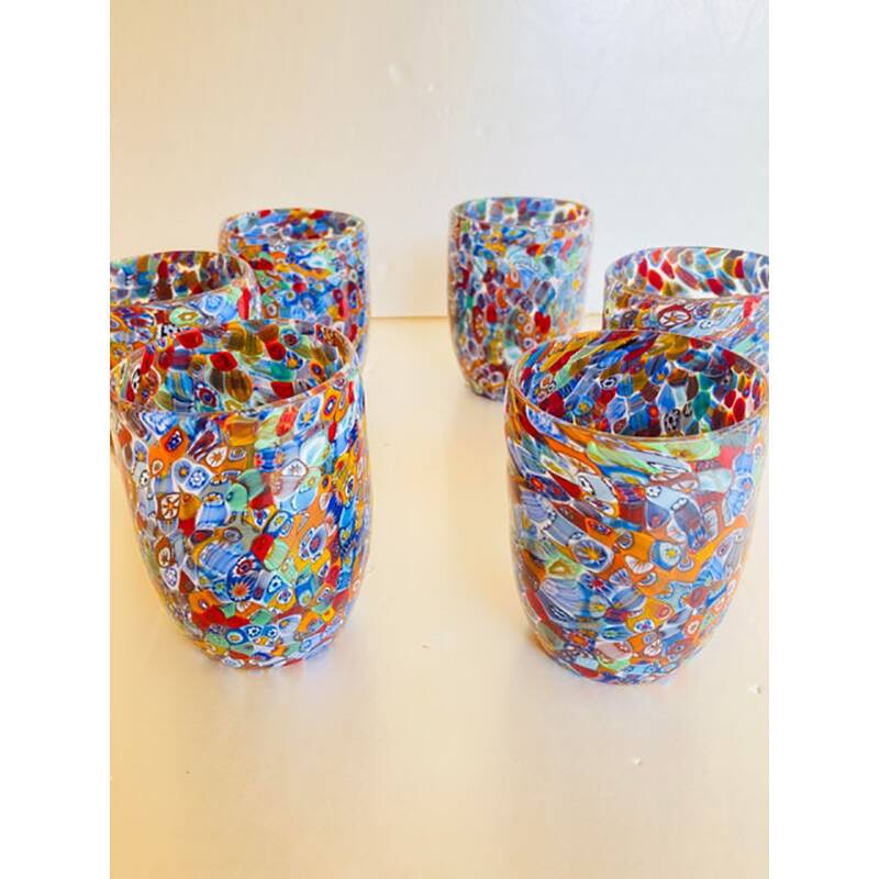 Set of 6 Multicolor Floral Murrine Glasses in the Style of Murano Glass