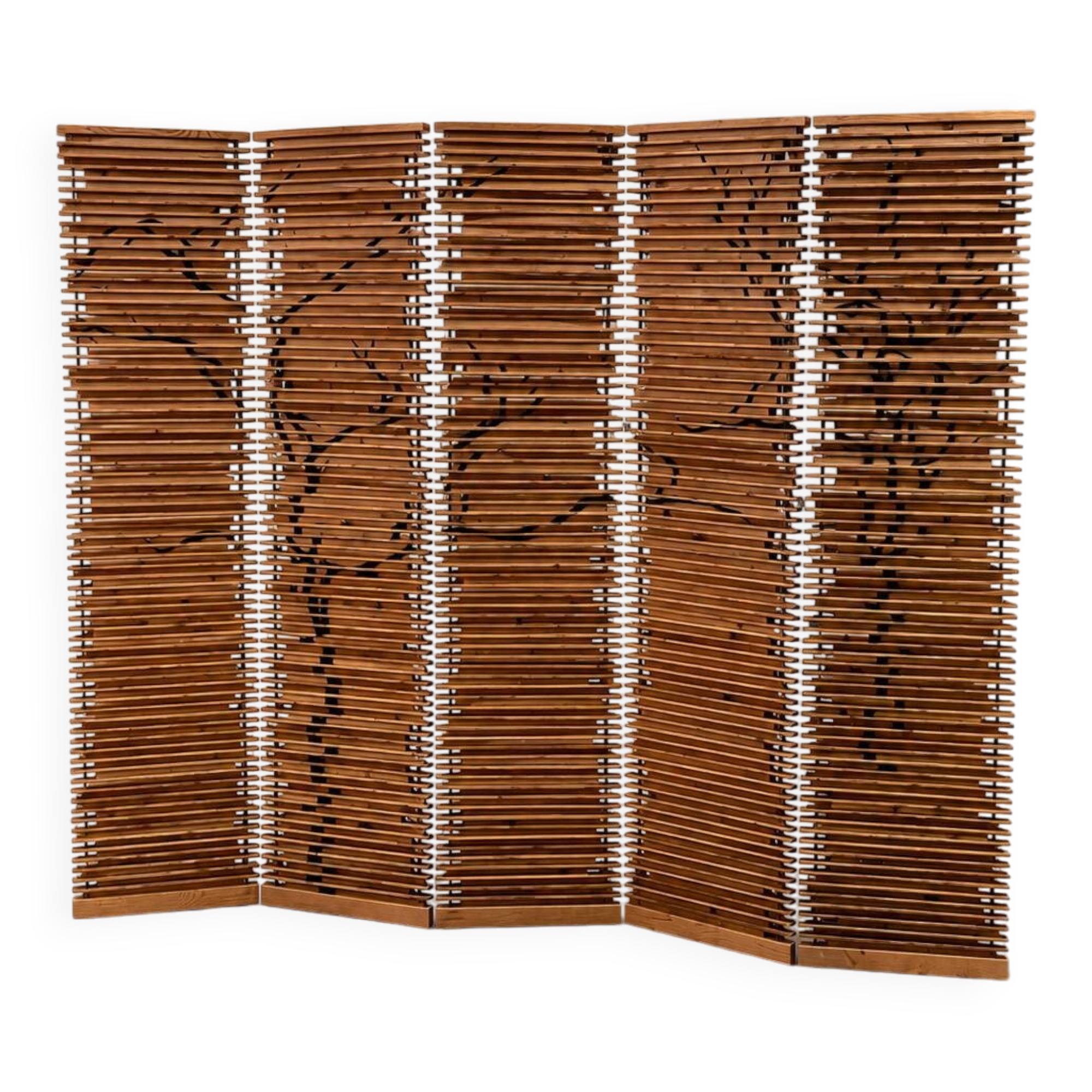 Paravent en bois à lattes, décor végétal noir