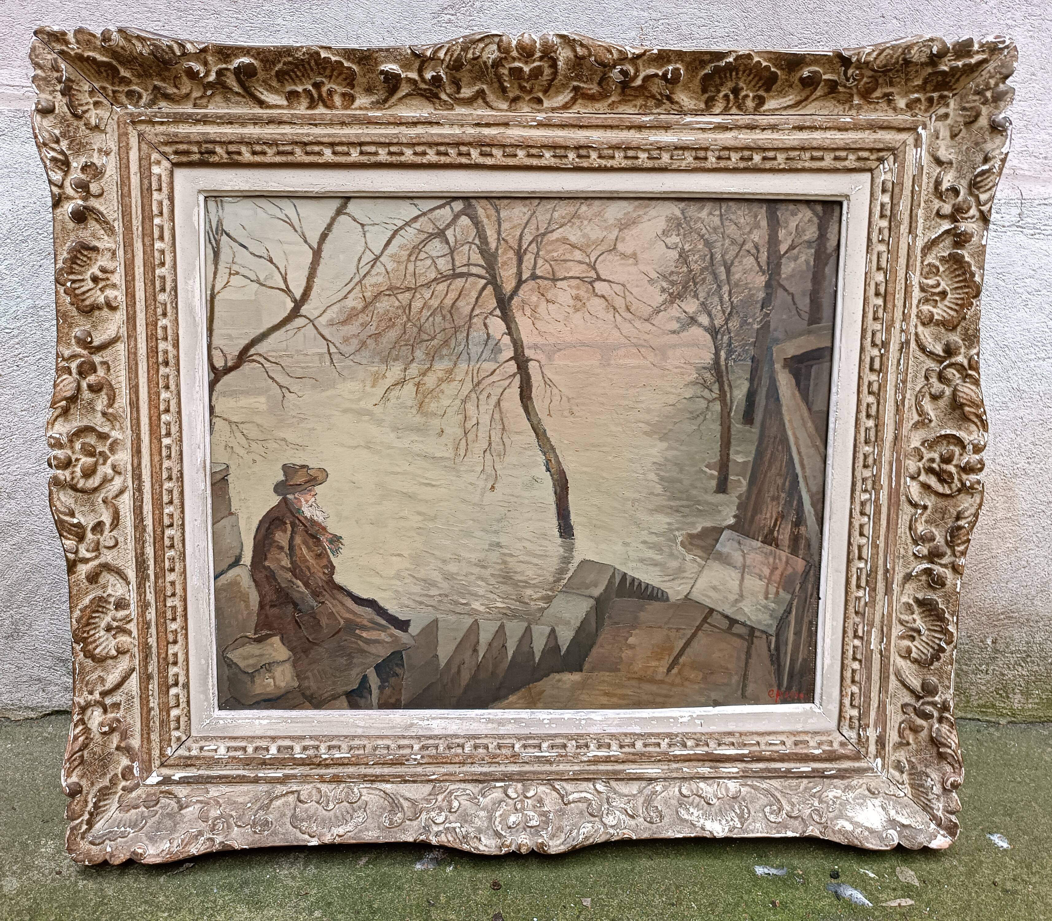 Painting representing the flood of Paris at the beginning of the 20th century