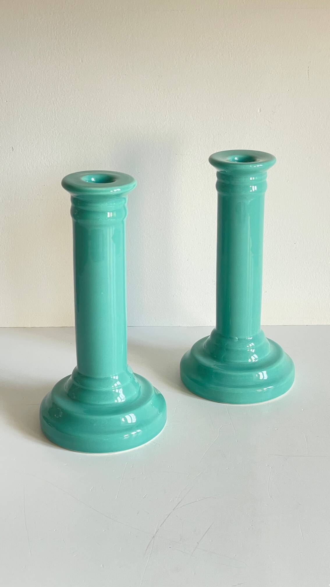 Pair of vintage ocean blue ceramic candlesticks