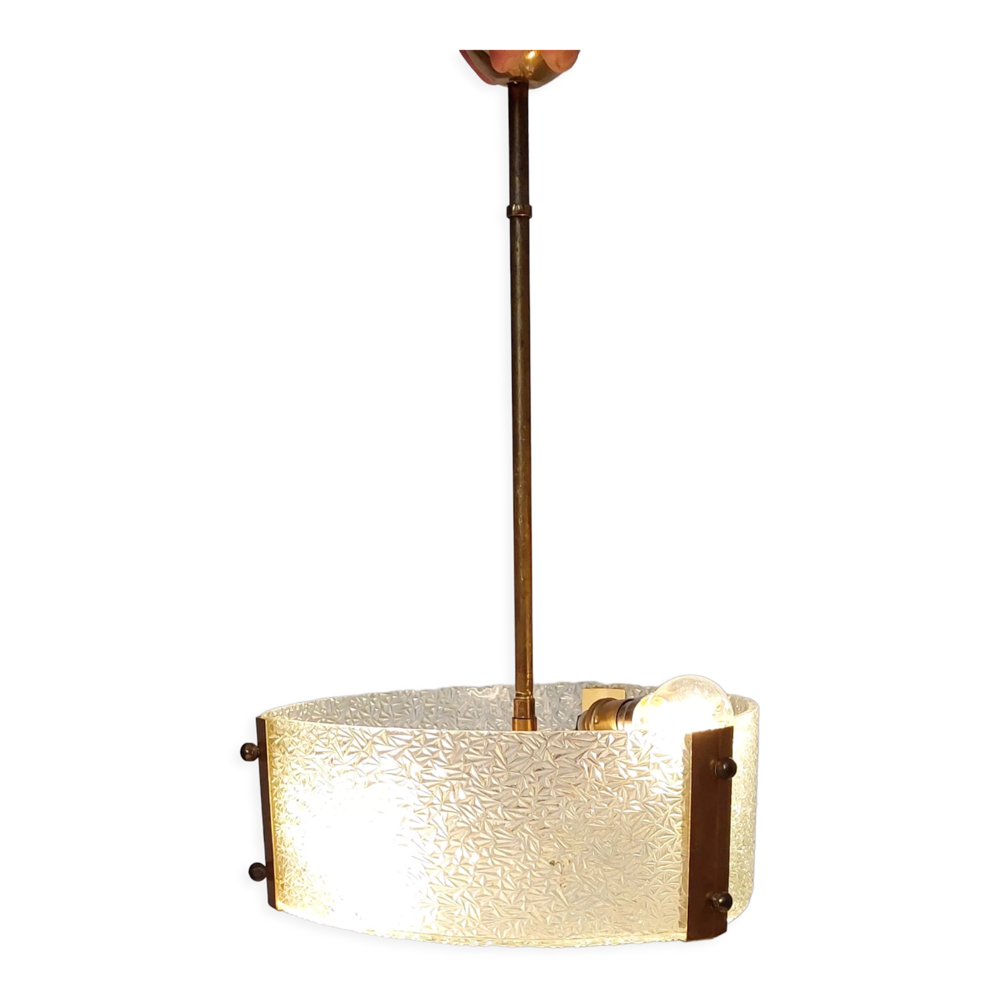 Vestibule pendant lamp in gilded brass and granite glass 1950 with two lights