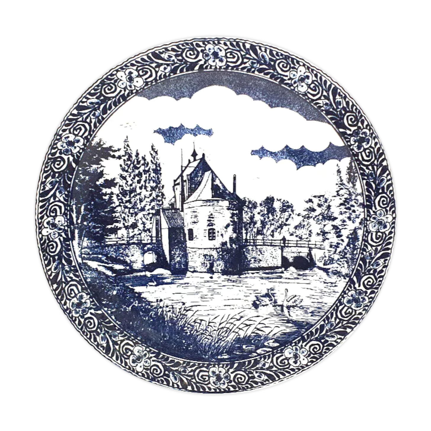 Large decorative plate decorations blue landscape diameter 40 cm