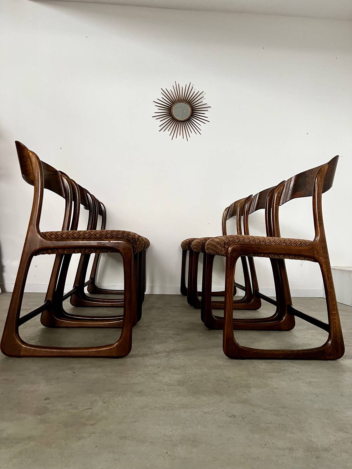 Set of 6 old baumann design sled chairs from the 60s wood and fabric