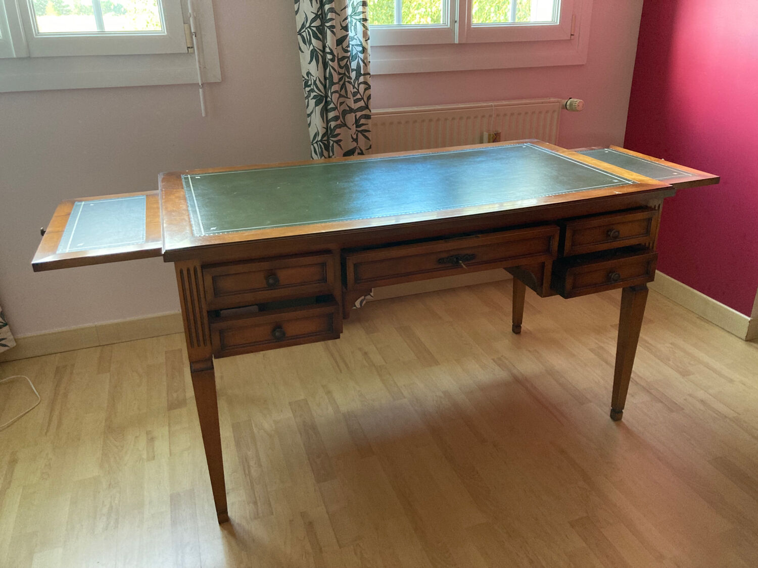 Napoleon Empire style wood and green leather desk 4 drawers 2 sliding shelves