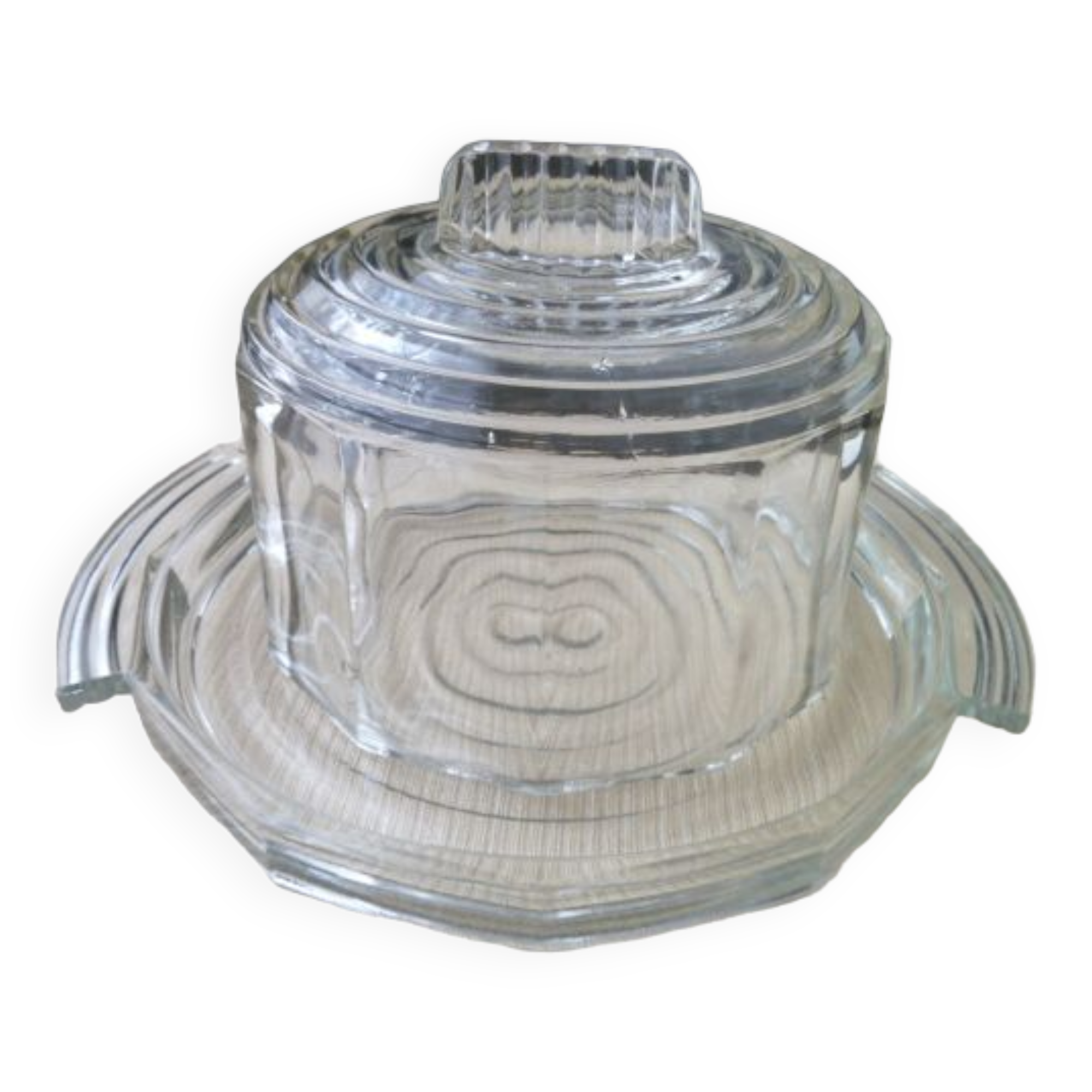 Ancienne cloche à fromage sur son plateau en verre pressé moulé