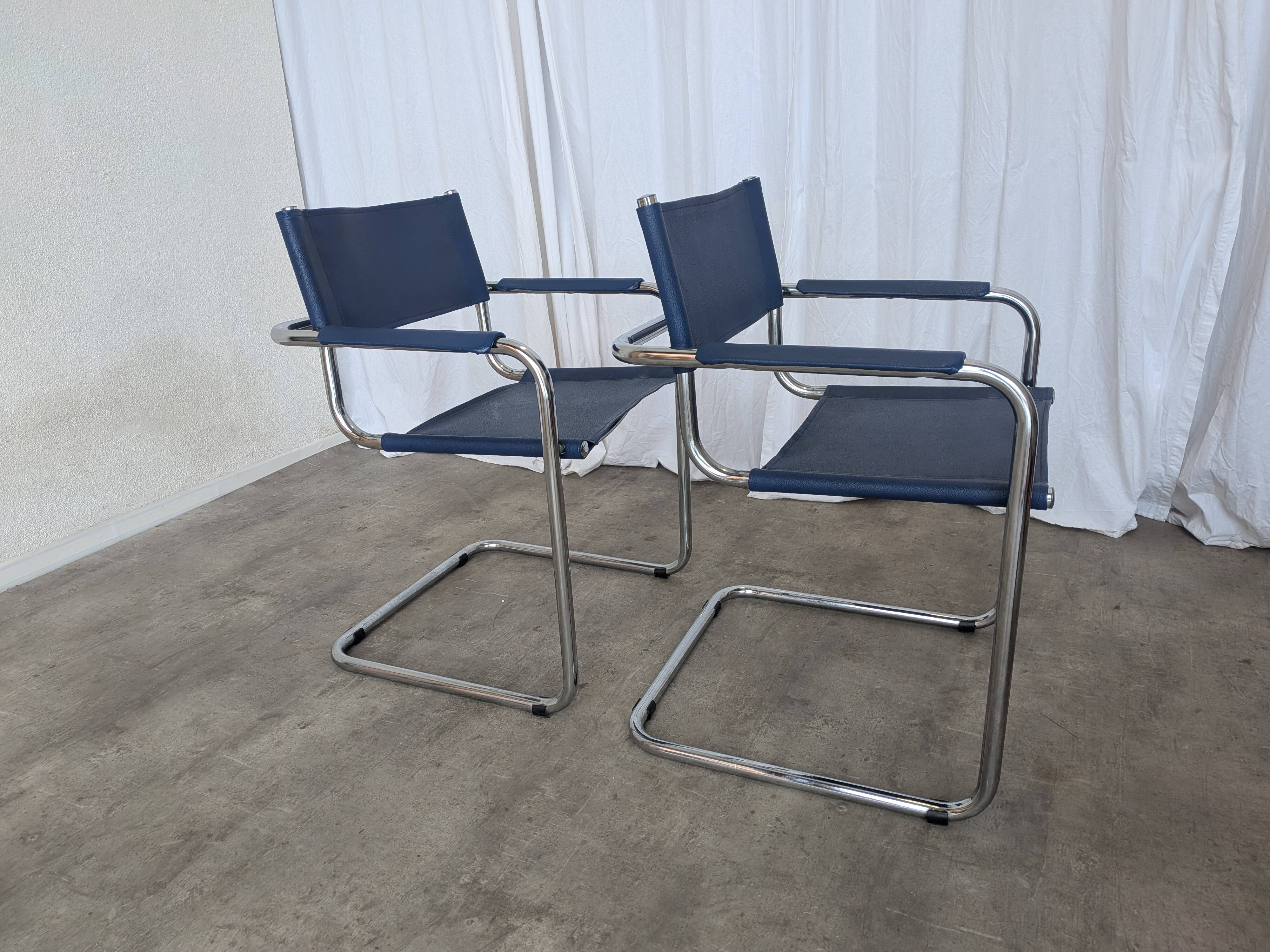 Set of 2 Vintage Mart Stam Style S34 Chair: Blue Leather, Bauhaus Design