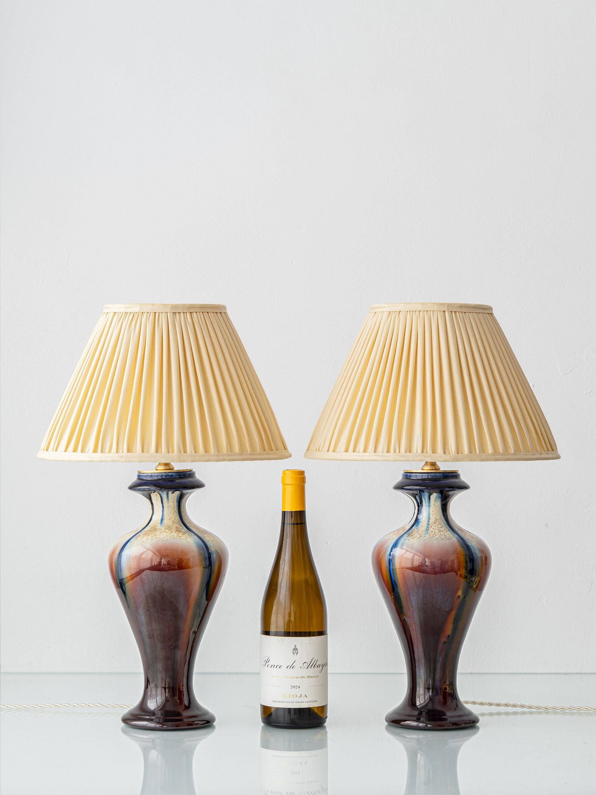 Belgian Art Deco Ceramic Table Lamps, Pair, Flambé Drip Glaze, New Silk Shades