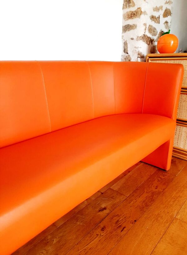 Canapé 3 places, banquette vintage orange Gulf